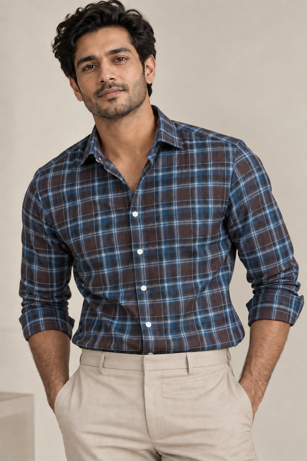 Canetti Italy 100% Premium Cotton Shirting Fabric (Blue & Coffee, Checks)