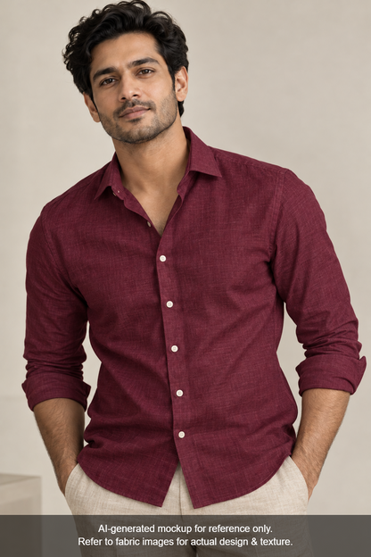 100% Pure European Linen 40 LEA Shirting Fabric (Maroon, Plain)