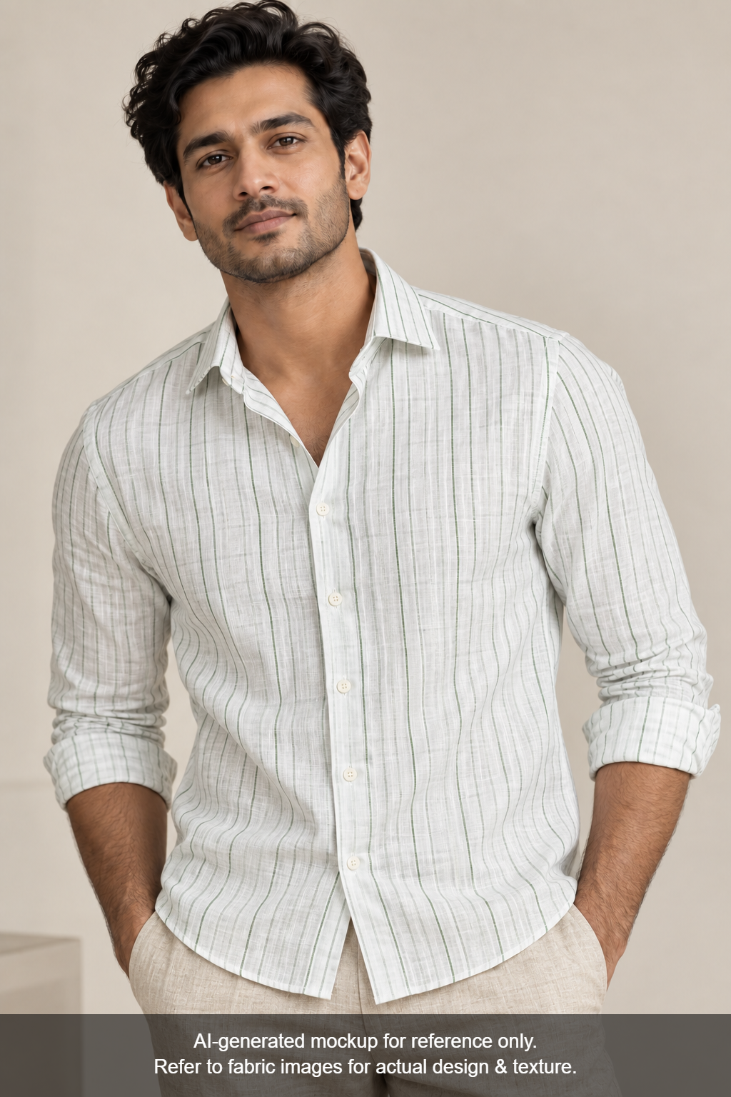 Solino 100% Pure Linen Premium 100 LEA Shirting Fabric (White , Green & Grey, Stripes)