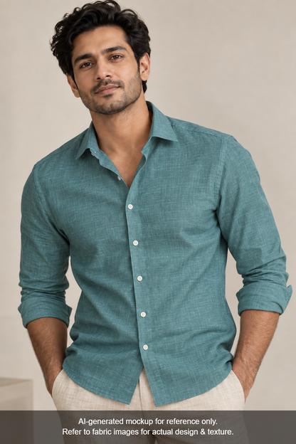 Premium Linen Lyocell Blended Shirting Fabric (Sea Green, Plain)