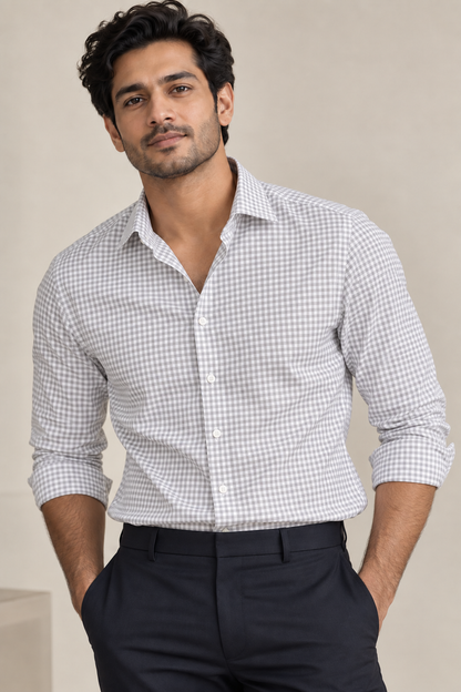 Canetti Italy 100% Cotton Premium Shirting Fabric (Light Grey, Microchecks)