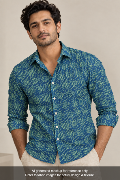 Raymond Cotton Linen Blended Shirting Fabric (Navy Blue, Printed)