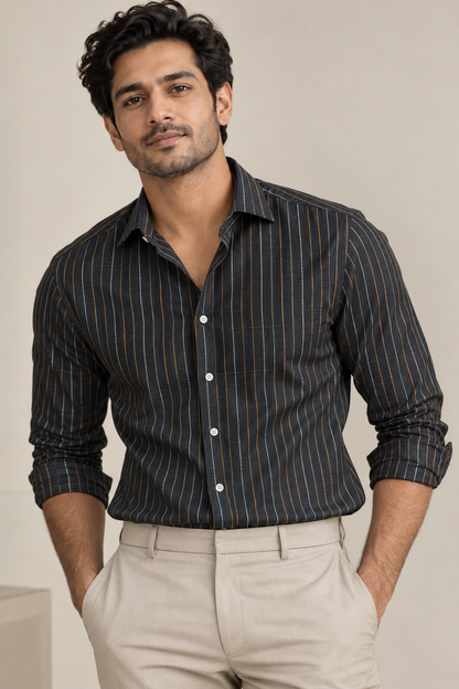 Raymond Seriko 100% Pure Linen Premium Jute Weave Shirting Fabric (Black, Pinstripes)