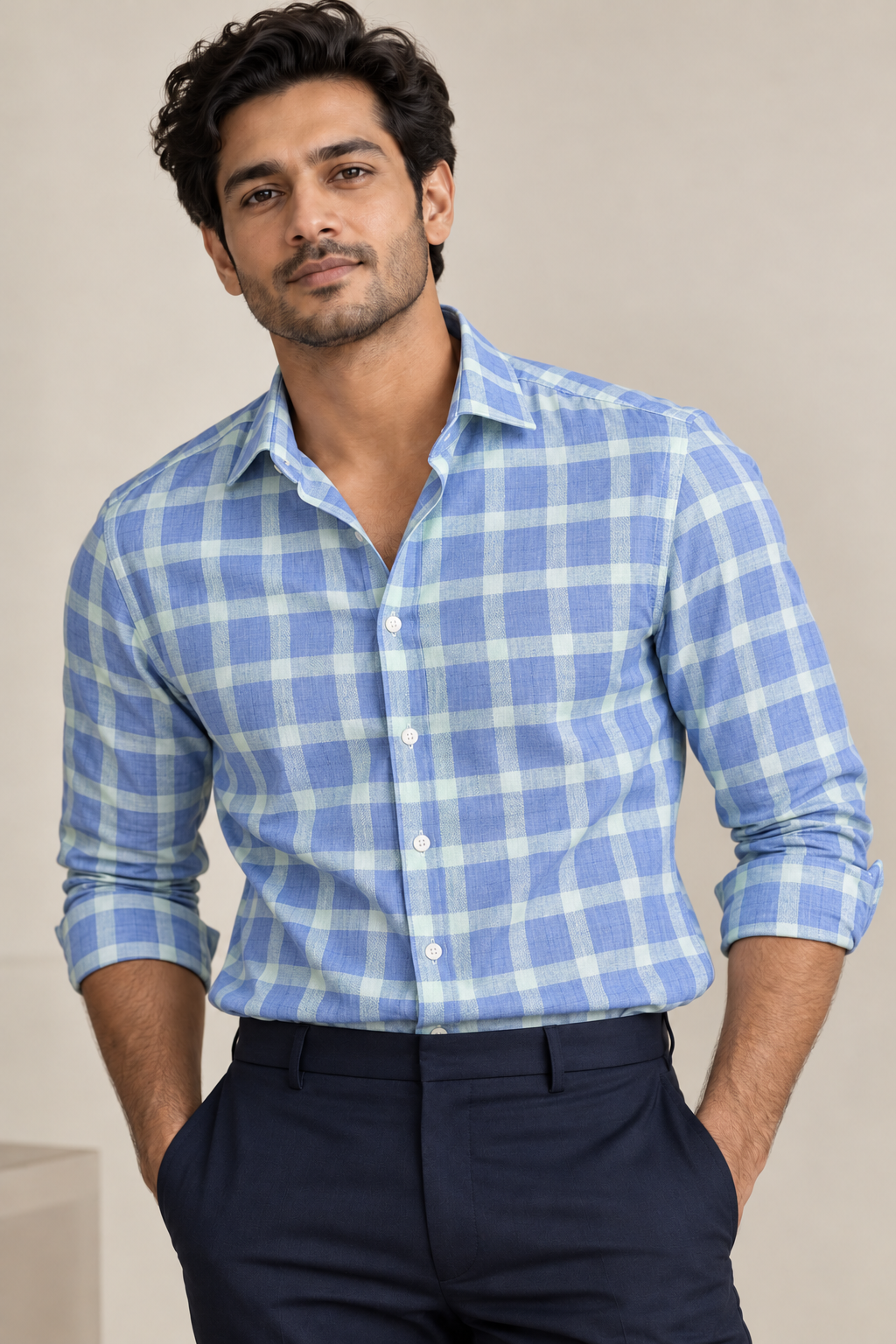 Raymond Egypt 100% Pure Linen Premium Shirting Fabric (Blue & Mint, Checks)