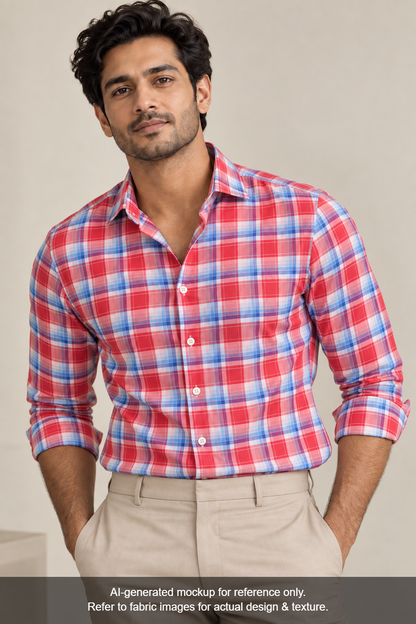 Raymond 100% Premium Cotton Shirting Fabric (Red, Multichecks)