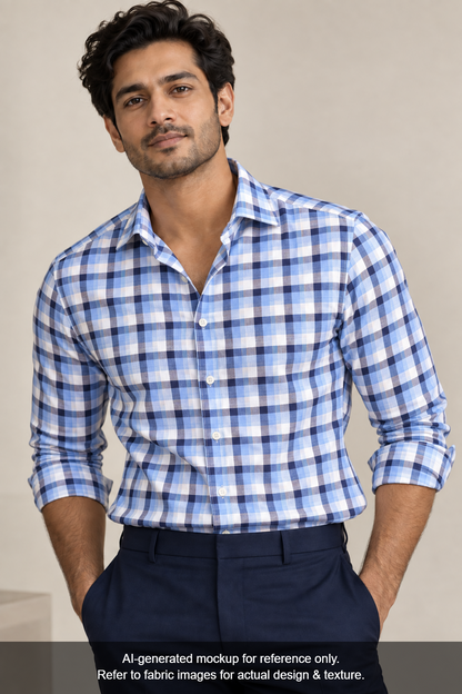 Raymond Cotton Bamboo Blended Premium Shirting Fabric (Sky Blue, Multichecks)