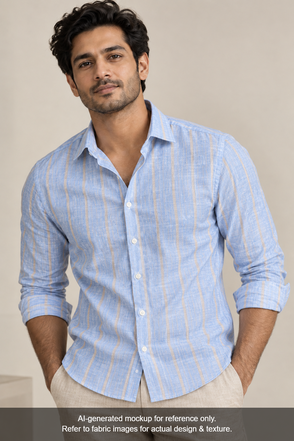 Murano Di Italia Italian Luxury Collection 100% Pure Linen 70 LEA Shirting Fabric (Sky Blue & Yellow, Stripes)