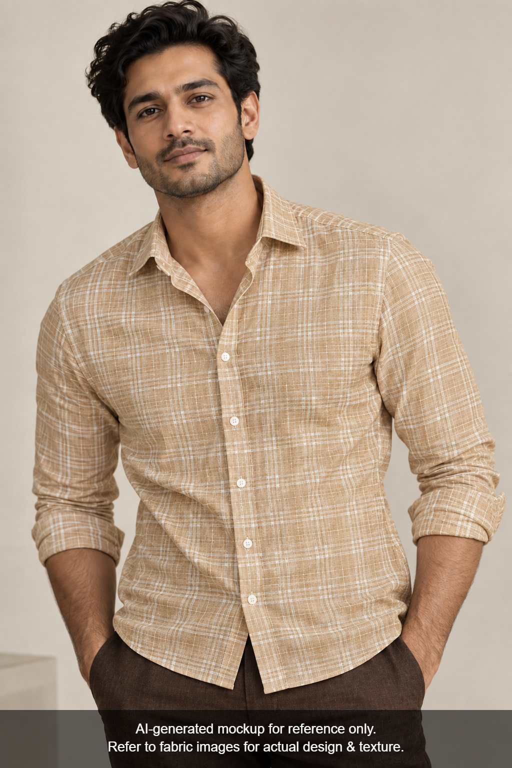 Murano Di Italia Italian Luxury Collection 100% Pure Linen 70 LEA Shirting Fabric (Camel Beige, Checks)