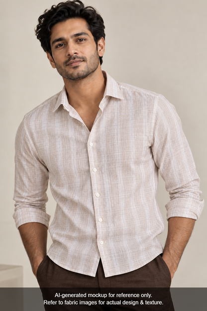 Murano Di Italia Italian Luxury Collection 100% Pure Linen 70 LEA Shirting Fabric (Light Beige Stripes, Crepe Weave)