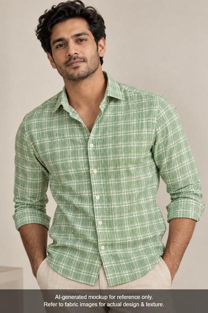Murano Di Italia Italian Luxury Collection 100% Pure Linen 70 LEA Shirting Fabric (Green, Checks)