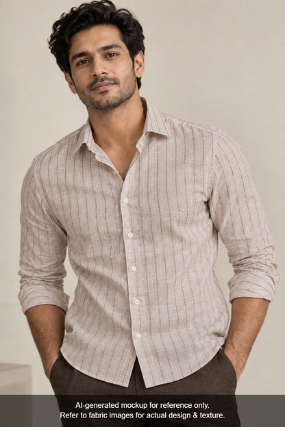 Murano Di Italia Italian Luxury Collection 100% Pure Linen 70 LEA Shirting Fabric (Light Taupe , Stripes)