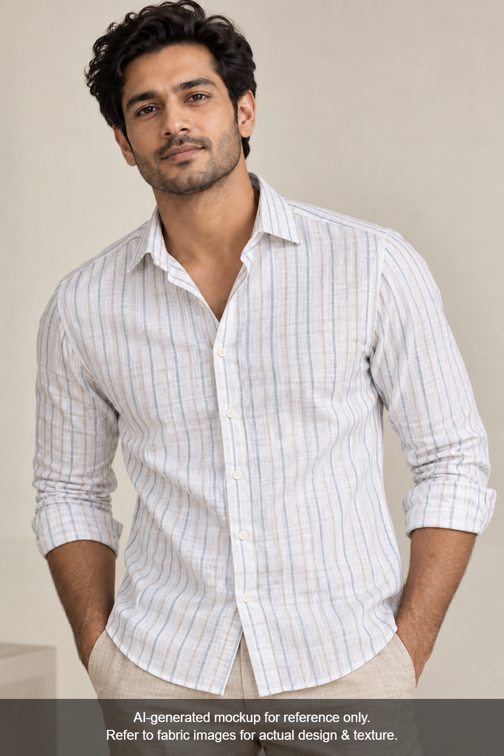 Murano Di Italia Italian Luxury Collection 100% Pure Linen 70 LEA Shirting Fabric (Grey & Beige, Stripes)