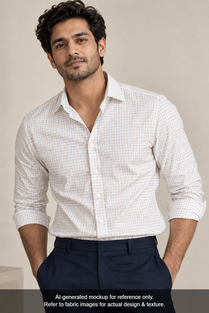 Tessitura Monti 100% Premium Giza Cotton Shirting Fabric (White & Beige, Checks)