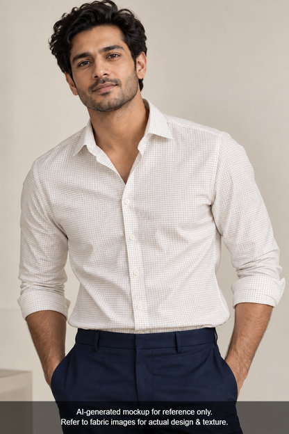Tessitura Monti 100% Premium Giza Cotton Shirting Fabric (White & Beige, Microchecks)