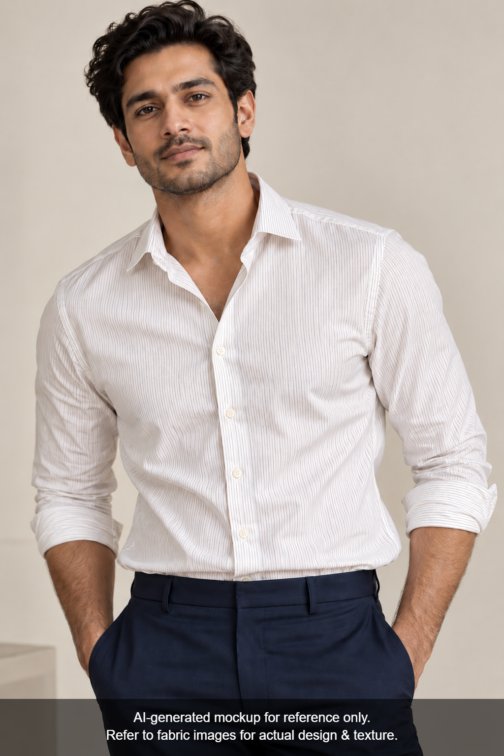 Tessitura Monti 100% Premium Giza Cotton Shirting Fabric (White & Beige , Microstripes)