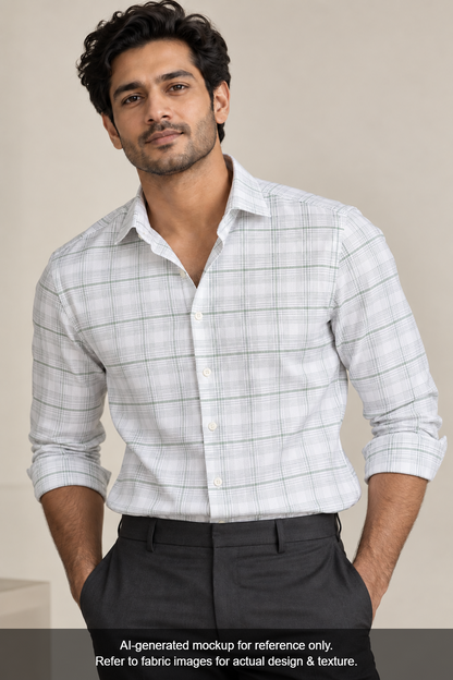 Tessitura Monti 100% Premium Giza Cotton Shirting Fabric (White , Grey & Green , Checks)