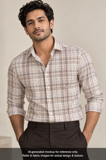 Tessitura Monti 100% Premium Giza Cotton Shirting Fabric (Light Brown, Multichecks)