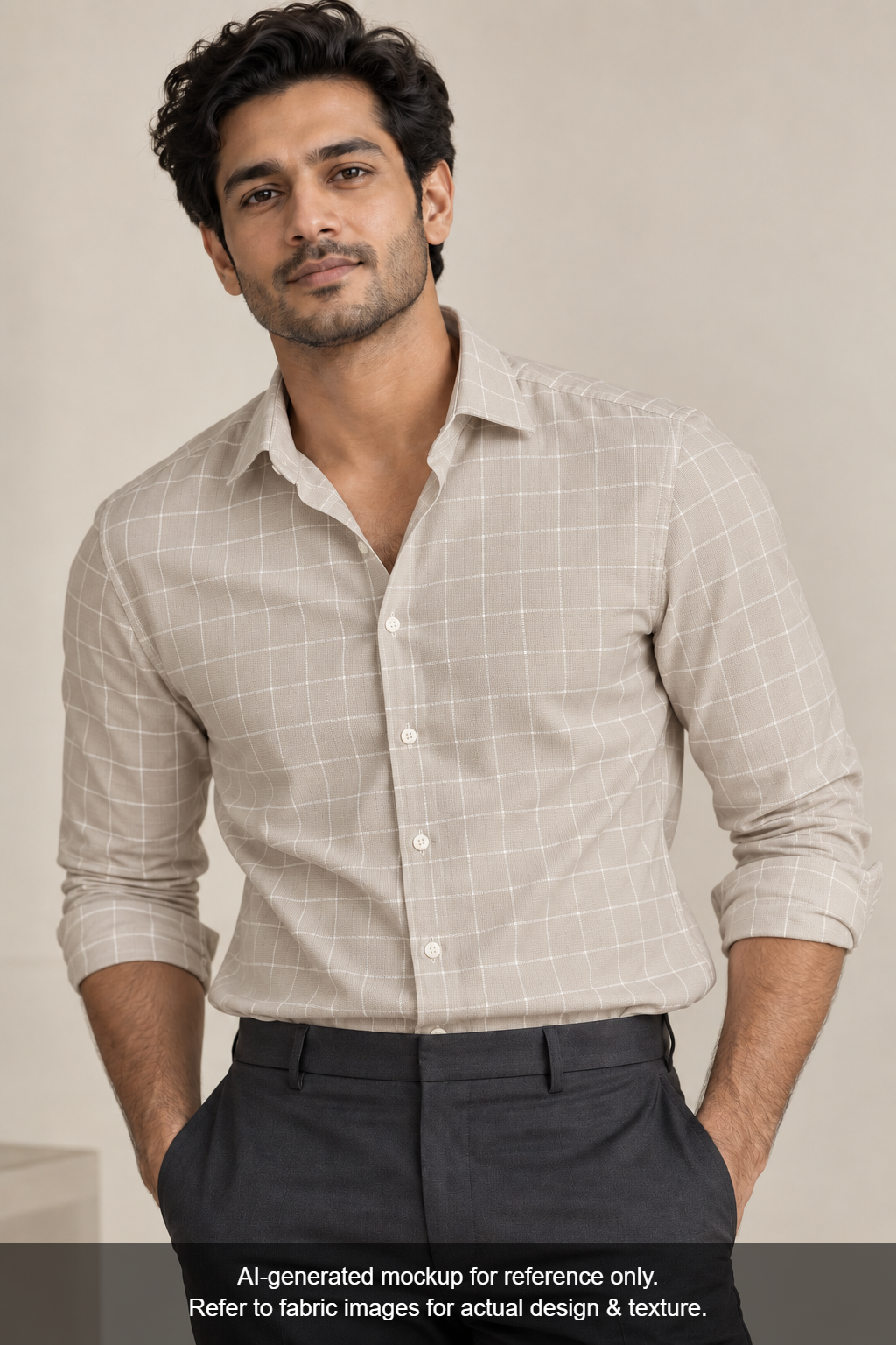 Tessitura Monti 100% Premium Giza Cotton Shirting Fabric (Taupe , Checks)
