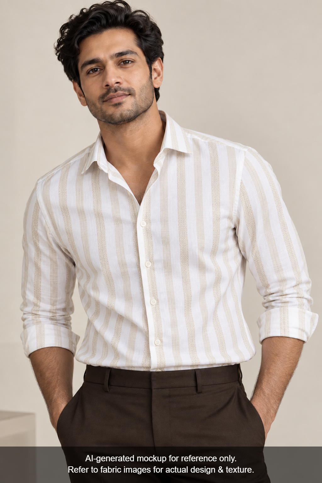 Tessitura Monti 100% Premium Giza Cotton Shirting Fabric (White & Golden, Patterned Stripes)