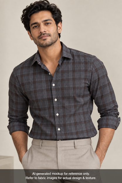 Tessitura Monti 100% Premium Giza Cotton Shirting Fabric (Charcoal Grey & Rust, Checks)