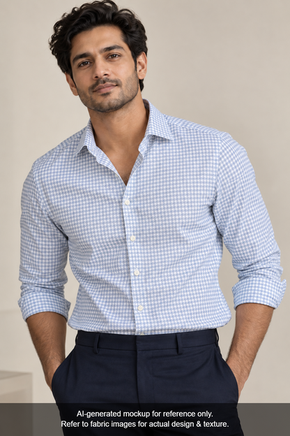 Tessitura Monti 100% Premium Giza Cotton Shirting Fabric (White & Grey, Patterned Checks)