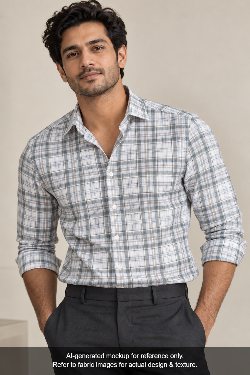Tessitura Monti 100% Premium Giza Cotton Shirting Fabric (Grey & Green, Checks)