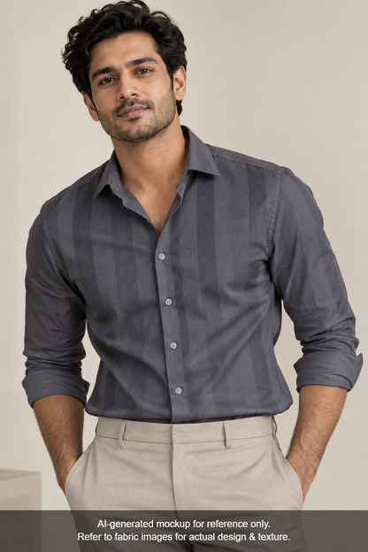 Tessitura Monti Eco Flow Premium Tencel Shirting Fabric (Steel Grey, Stripes)