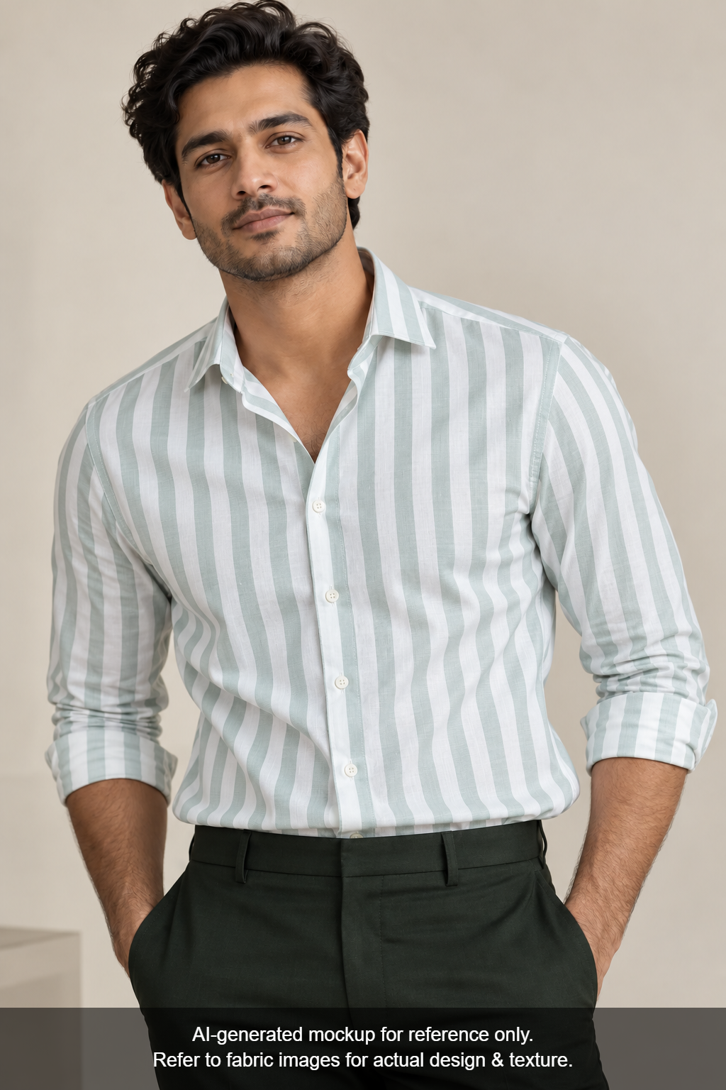 Tessitura Monti 100% Premium Giza Cotton Shirting Fabric (White & Sage Green , Stripes)