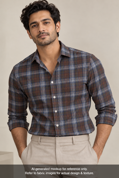 Tessitura Monti 100% Premium Giza Cotton Shirting Fabric (Rust & Dark Blue, Checks)