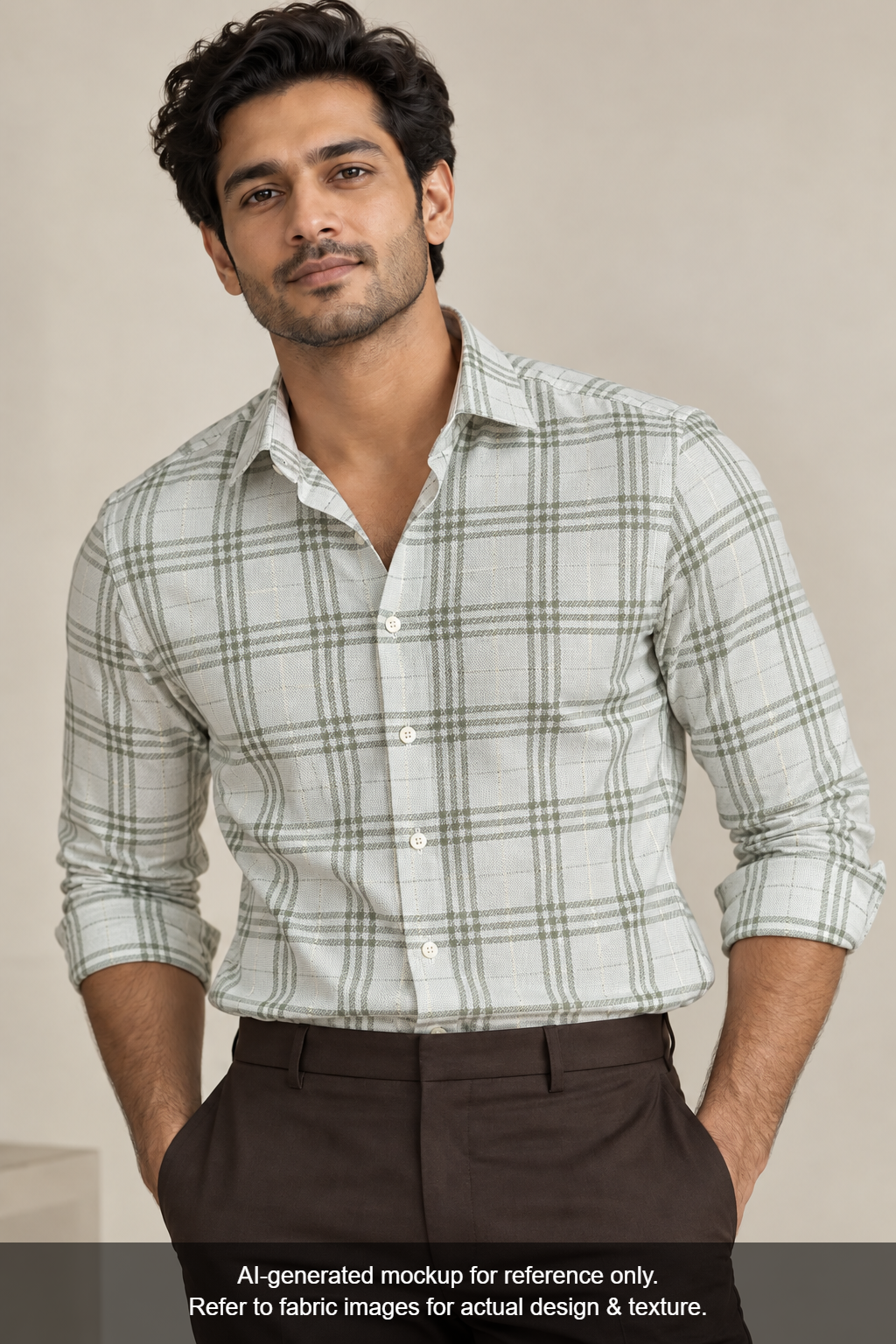 Tessitura Monti 100% Premium Giza Cotton Shirting Fabric (Light Pista, Patterned Checks)