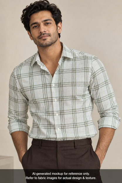Tessitura Monti 100% Premium Giza Cotton Shirting Fabric (Light Pista, Patterned Checks)