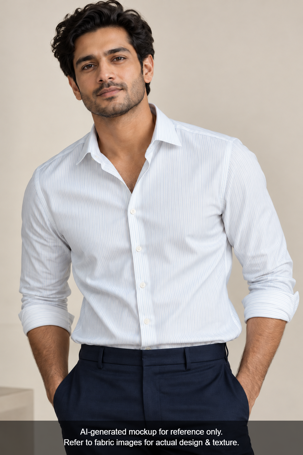 Tessitura Monti 2/140s Premium Supima Cotton Shirting Fabric (White & Blue, Stripes)
