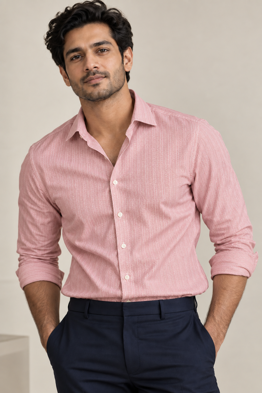 Canetti Italy 100% Premium Cotton Shirting Fabric (Muted Rose, Herringbone)